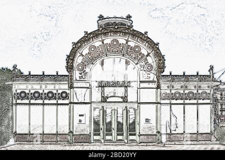 Das ehemalige Bahnhofsgebäude wurde von Otto Wagner im Jahre 1898 in Wien, Österreich, Europa entworfen Stockfoto