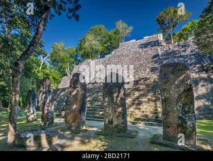 Stelen bei der Pyramide estructura VII (Struktur 7), tropischer Regenwald, Maya-Ruinen bei Calakmul, La Ruta Rio Bec, Yucatan-Halbinsel, Campeche, Mexiko Stockfoto