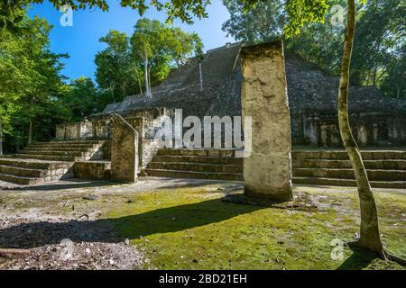 Stelen in der Pyramide von estructura I (Struktur 1), Maya-Ruinen auf der archäologischen Stätte Calakmul, La Ruta Rio Bec, Yucatan-Halbinsel, Campeche, Mexiko Stockfoto