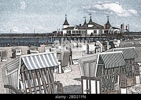 Die Anlegestelle Ahlbeck ist eine 1882 erbaute Anlegestelle an der Ostsee, Ahlbeck, Insel Usedom, Mecklenburg-Vorpommern, Deutschland, Europa Stockfoto