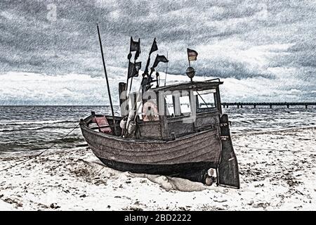 Fischerboot an der Ostsee bei Ahlbeck, Gemeinde Heringsdorf, Insel Usedom, Mecklenburg-Vorpommern, Deutschland, Europa Stockfoto