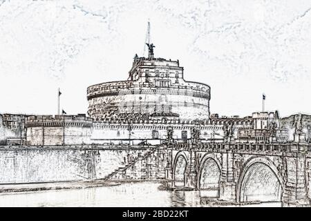 Blick über den Tiber auf die Brücke Ponte Sant'Angelo und die Engelsburg, die Engelsburg, die Engelsburg, Rom, Latium, Italien, Europa Stockfoto