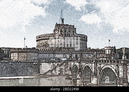 Blick über den Tiber auf die Brücke Ponte Sant'Angelo und die Engelsburg, die Engelsburg, die Engelsburg, Rom, Latium, Italien, Europa Stockfoto