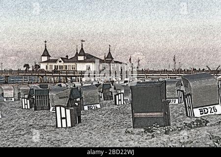 Die Anlegestelle Ahlbeck ist eine 1882 erbaute Anlegestelle an der Ostsee, Ahlbeck, Insel Usedom, Mecklenburg-Vorpommern, Deutschland, Europa Stockfoto