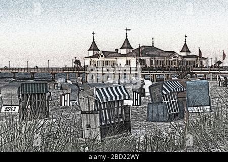 Die Anlegestelle Ahlbeck ist eine 1882 erbaute Anlegestelle an der Ostsee, Ahlbeck, Insel Usedom, Mecklenburg-Vorpommern, Deutschland, Europa Stockfoto