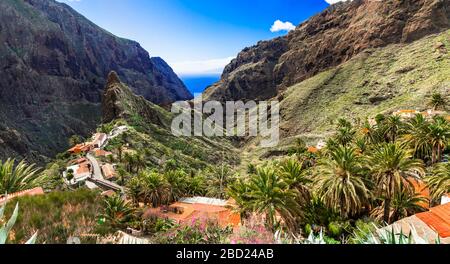 Wunderschönes Dorf in Masca, Panoramaaussicht, Teneras, Spanien. Stockfoto