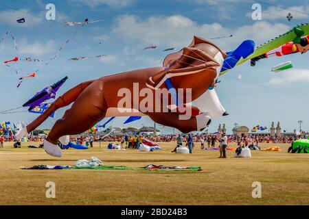 Riesiger fliegender Hundedrachen beim Summer Southsea Kite Festival in Portsmouth, UK mit blauem Himmel und Wolken im Hintergrund Stockfoto