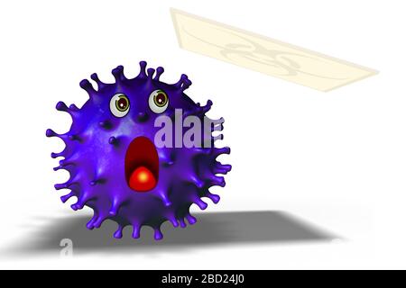 Comics von Covid 19 Coronavirus Impfstoff Fingertipp-großer Flecken auf weißem Hintergrund. Konzept von antiviral und Impfstoff gegen SARS-COV-2 Coronavirus Stockfoto