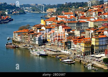 Panoramablick auf den Fluss Douro und die Dächer von Porto, Portugal Stockfoto