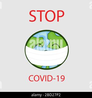 Cartoon-Charakter.die Erde trägt eine Maske, um die Verbreitung des Virus zu verhindern. Planet Erde mit Gesichtsmaske schützt gegen Corona-Virus.Flat ve Stock Vektor