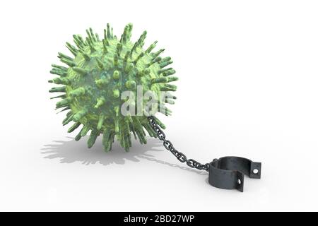 3D-Darstellung: Grüne Kugelzelle aus Kovid 19 und rostige Metallkette mit offener Manschette auf weißem Hintergrund. Coronavirus. Einschränkungen und Grenzwerte. Stockfoto