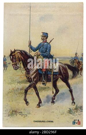 Französische historische Postkarte: Gemeißelter Chasseur mit Hecht in voller Ausrüstung mit Waffe, Gewehr und Säbel, Weltkrieg, leichte Kavallerie, 1914-1918. Frankreich Stockfoto