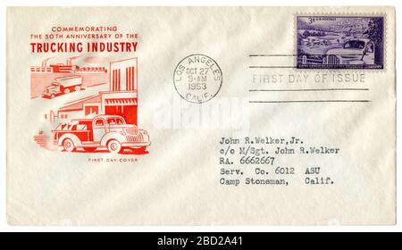 Los Angeles, Kalifornien, USA - 27. Oktober 1953: HISTORISCHER Umschlag VON US: Cover Cachet: Gedenken an den 50. Jahrestag der Truckindustrie. Stockfoto