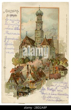 Deutsche Postkarte: Lithographie des späten 19. Jahrhunderts. Basilika SS. Ulrich und Afra, katholische Pfarrei in Augsburg, Bayern, Deutschland Stockfoto