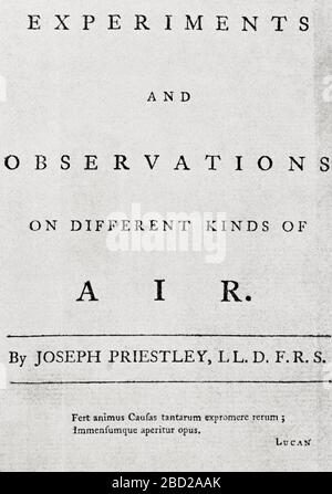 Titelseite von Priestleys Experimenten und Beobachtungen zu verschiedenen Luftarten, 174. Joseph Priestley, 1733 - 1804. Englischer Separatistentheologe, Naturphilologe, Chemiker, innovativer Grammatiker, Multifach-Erzieher und liberaler politischer Theoretiker. Aus ausgewählten Lesungen in der Geschichte der Physiologie, veröffentlicht 1930. Stockfoto