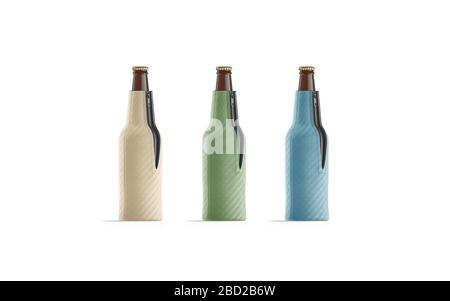 Leere farbige zusammenklappbare Bierflasche Koozie Mockup Set, halb gedreht Ansicht Stockfoto