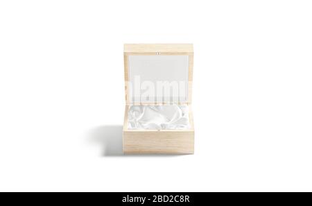 Leerer, geöffneter Geschenkkasten aus Holz mit Seidenspock, isoliertem 3D-Rendering. Leere Holzverpackungsmöbel mit Stoffverspotung, Vorderansicht. Klare Komplimente Stockfoto