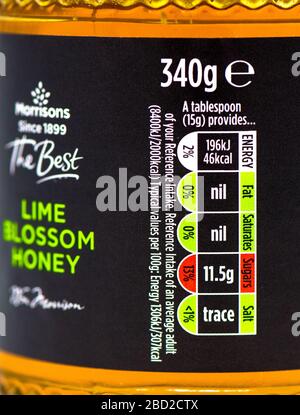 Morrisons Lime Blossom Honig in einem 340g Glasbehälter. Stockfoto