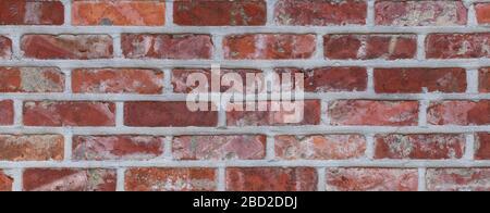 Wandmuster aus rotem Backstein. Hintergrund mit Panorama-Textur. Stockfoto