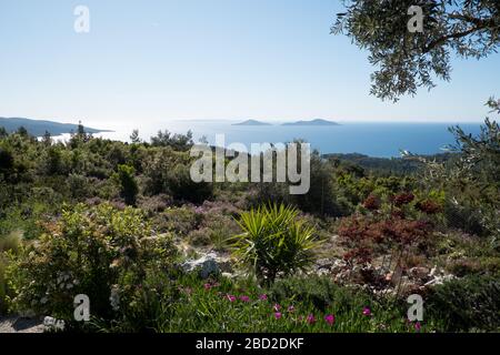 Die Infinity 180 Luxury Suites auf der griechischen Insel Alonissos bieten einen Blick auf die Inseln der zwei Brüder aus den exotischen Gärten Stockfoto