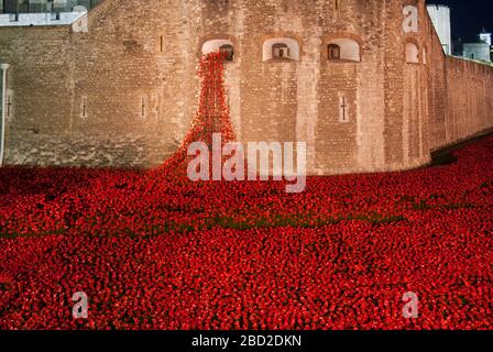 Erster Weltkrieg 100 Jahre Blut gefegt Länder und Meere der roten Installation Poppies Tower of London, St Katharine's & Wapping, London EC3N 4AB Stockfoto