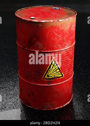 3D-Rendering von rotem Metallfass mit explosivem Material Stockfoto