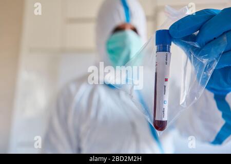 Forscher in Schutzkleidung mit Test für Covid-19-positiv mit Blutprobe und Antikörper im Labor Stockfoto