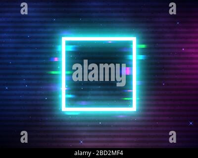 Glitch Retro-Quadrat. Leuchtende Neonform auf kosmischer Kulisse. Retro-Vorlage mit digitalen Störungen. Futuristisches Raumplakat mit hellen Sternen. Vektor Stock Vektor