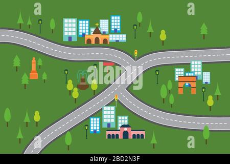 Urbane Landschaft ohne Menschen und Autos auf der Straße. Blick auf die Stadt mit Park und Gebäuden. Flaches Design wie eine Karte Stock Vektor