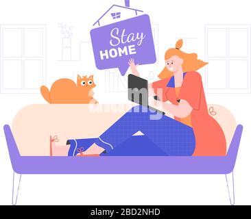 Charakter des Mädchens mit einem Laptop auf einem Sofa Stock Vektor