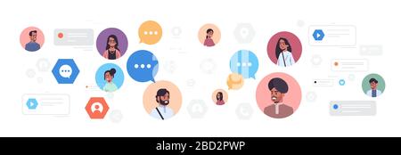 indische Männer Frauen Avatare mit Chat-Blase-Rede Social Media Kommunikationskonzept männliche weibliche Cartoon-Charaktere mit Online-Chat App horizontale Portrait-Vektor-Illustration Stock Vektor