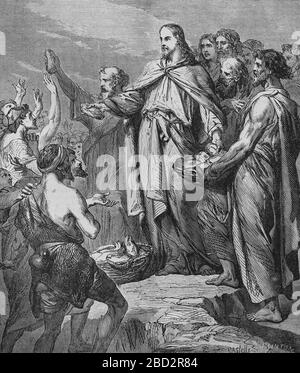 Neues Testamente. Die Menge oder das Wunder der Brote und Fische füttern. Gravur, 19. Jahrhundert. Stockfoto