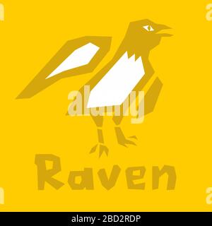 Raven-Symbol, Vektorclipart mit flachem Stil. Vorlage für Logo. Dickes lineares Rabenbild. Isoliert auf gelbem Hintergrund. Tiere ABC-Kollektion Stock Vektor