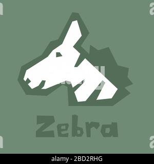 Zebrakopf im Cartoon-Flachstil isoliert auf grünem Hintergrund. Einfaches Vektordesign. Zebra, ein freundlicher Look. Dicke Kontur, Text. Interaktive Karte Stock Vektor