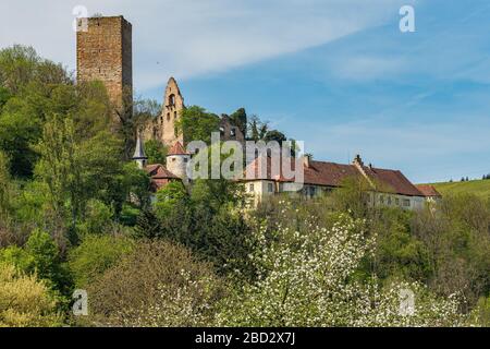 Schönes kleines Schloss in Deutschland mit blühenden Bäumen im Vordergrund Stockfoto