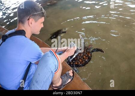 Der junge brünette Kerl mit Kamera setzt Schildkröte ins Wasser, der Freiwillige rettet Schildkröten, Tierschutz, der Junge fotografiert Schildkröte und rettet Tiere S Stockfoto