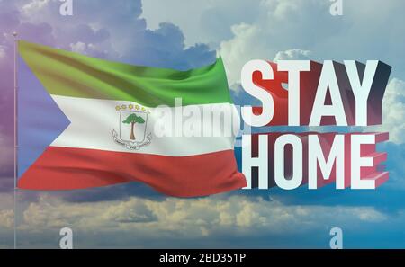 Bleib zu Hause bleiben Sie sicher - Brief Typografie 3D-Text für Selbstquarantänezeiten Konzept mit Flagge Äquatorial-Guineas. 3D-Abbildung. Stockfoto