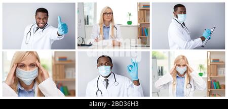 Stoppen Sie Coronavirus. Collage von Fachärzten in Uniform und schützenden Gesichtsmasken, die im Krankenhaus arbeiten. Multikulturelles medizinisches Team. COVID-19. Konzept für das Gesundheitswesen. Horizontales Webbanner. Stockfoto