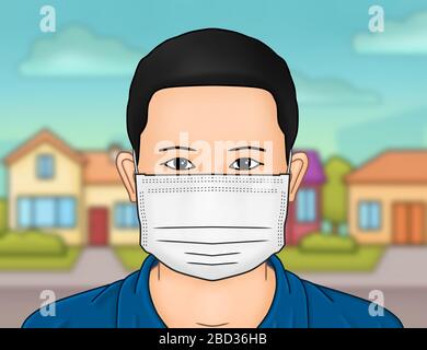 Illustration eines isolierten und unter Quarantäne geratenen Mannes mit Gesichtsmaske, der sich vor dem Coronavirus schützt, Covid-19 Stockfoto