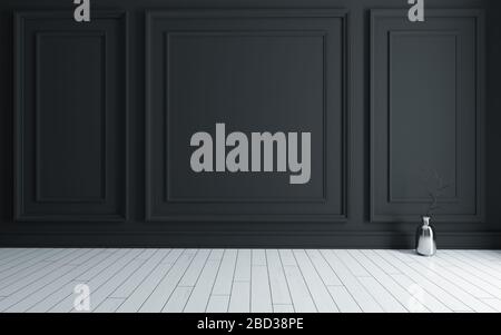 Leeres Zimmer mit modernen klassischen Wand-Dreifachpaneele, metallische Vase, Trockenanlage und weißen Holzboden 3D-Rendering Stockfoto