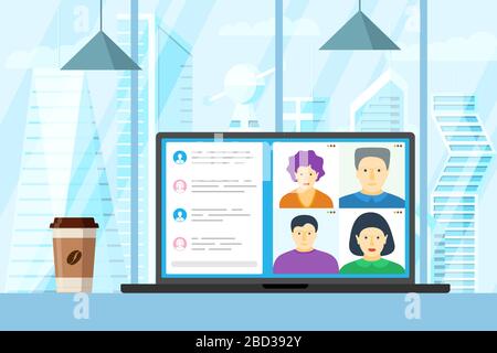 Menschen Gruppe auf Laptop-Bildschirm Teilnahme an Online-Konferenz. Virtuelles Arbeitstreffen und Fernschulungs-Webinar oder Videokonferenzen. Vektordarstellung für Videokonferenzen und Webkommunikation Stock Vektor