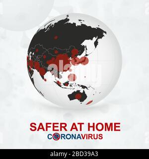 Safer at Home, Coronavirus Cases on Earth Globe View on Asia and Oceania. Abstrakter Virus-Hintergrund. Stock Vektor