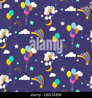Festlicher Sternenhimmel mit Luftballons und Kometen kosmisches nahtloses Vektormuster Hintergrund violett leuchtende Farben. Stock Vektor