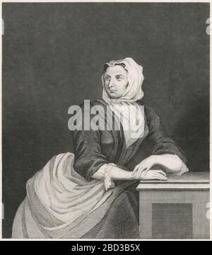 Antike Gravur, Sarah Malcolm, eingraviert aus dem Original von William Hogarth. Sarah Malcolm (c1710-1733) war eine britische Mörderin, die von William Hogarth skizziert wurde, als sie die Hinrichtung wegen eines mehrfachen Mordes erwartete. QUELLE: ORIGINALGRAVUR Stockfoto