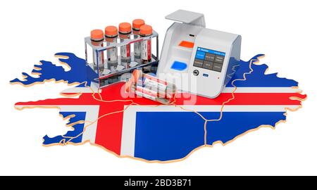 COVID-19-Tests in Island Konzept. Labor-in-a-Box-Test mit Nasen-Tupfer-Reagenzgläsern auf der isländischen Karte. 3D-Rendering isoliert auf weißem Hintergrund Stockfoto