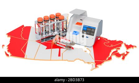 COVID-19-Tests in Kanada. Labor-in-a-Box-Test mit Nasen-Tupfer-Reagenzgläsern auf der kanadischen Karte. 3D-Rendering isoliert auf weißem Hintergrund Stockfoto