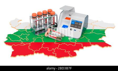 COVID-19-Tests in Bulgarien. Labor-in-a-Box-Test mit Nasen-Tupfer-Reagenzgläsern auf der bulgarischen Karte. 3D-Rendering isoliert auf weißem Hintergrund Stockfoto