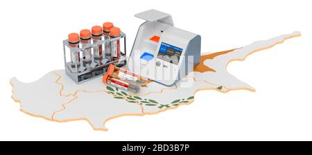 COVID-19-Testverfahren in Zypern. Labor-in-a-Box-Test mit Nasen-Tupfer-Reagenzgläsern auf der Zypernkarte. 3D-Rendering isoliert auf weißem Hintergrund Stockfoto