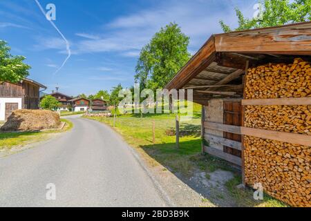 Holzkallets und Holzlager aus Feuerholz, Fieberbrunn, Österreichische Alpen, Tirol, Österreich, Europa Stockfoto