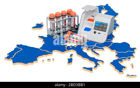 COVID-19-Tests im Konzept der Europäischen Union. Labor-in-a-Box-Test mit Nasen-Tupfer-Reagenzgläsern auf der europäischen Karte. 3D-Rendering isoliert auf weißem Hintergrund Stockfoto